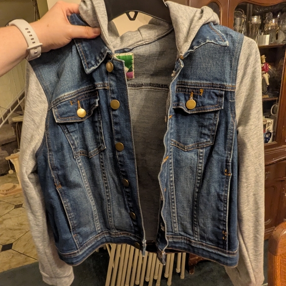 Denim and Gray Hooded Sweatshirt Jean Jacket - Picture 1 of 3
